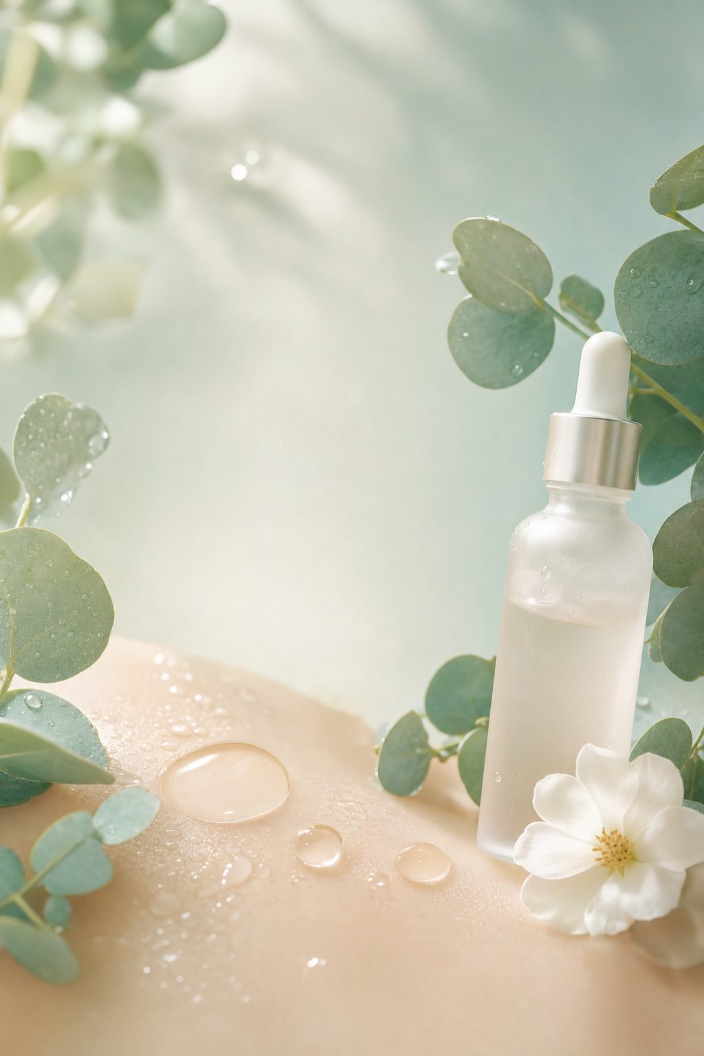 Soft K-beauty still life: serum droplets, frosted glass bottle and eucalyptus on a cream and sage backdrop — tap to view the COSRX Snail 96 Mucin Essence on Amazon